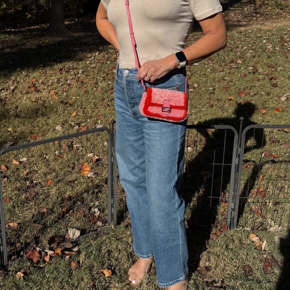 FENDI Baguette NM Bag Zucca Shearling Mini Purse Bubblegum Rosso - Picture 10 of 13